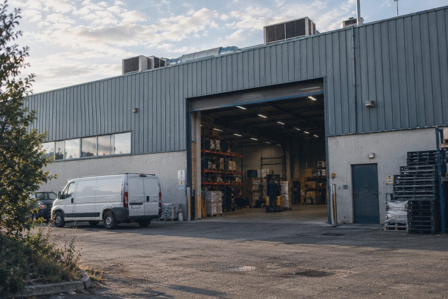 Nave industrial con la puerta de carga abierta y una furgoneta delante